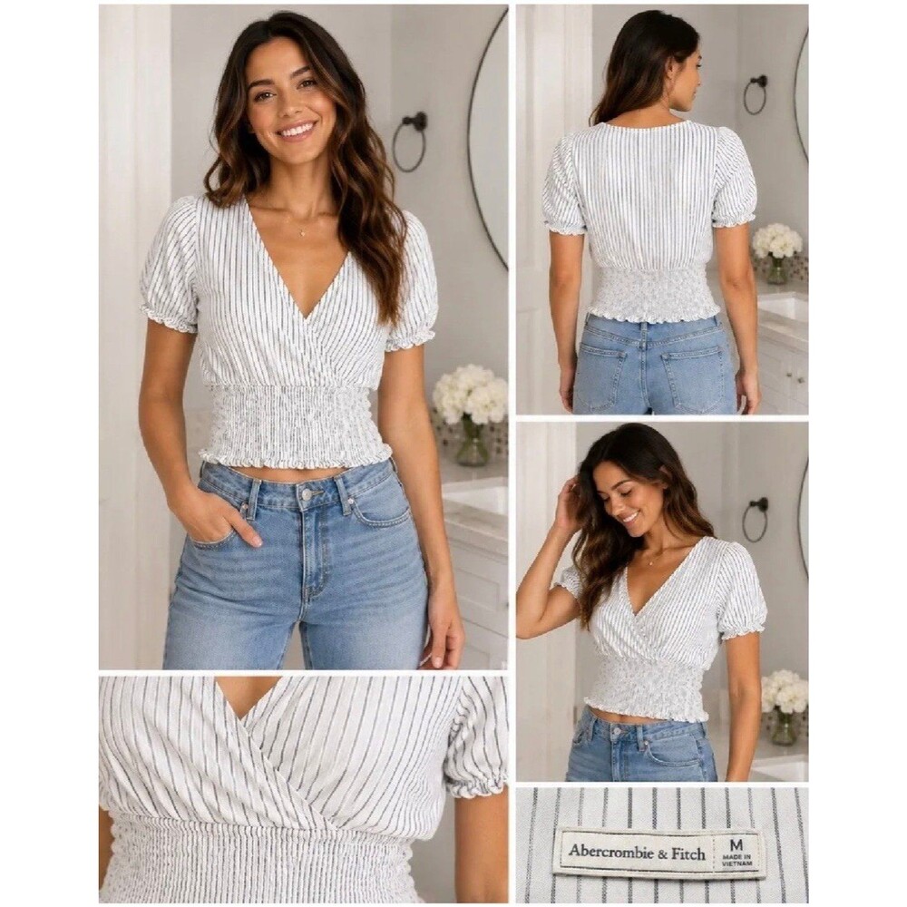 Abercrombie & Fitch Top Womens XS White Blue Stripe Smocked Wrap Crop summer top